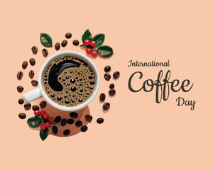 Vector illustration of happy International or national Coffee Day with hand lettering. Suitable for greeting card, poster and banner. mobile background