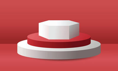 A three-tiered podium, white circle base, red circle mid-layer, white octagon top, against a solid red backdrop, soft lighting, minimalist, product display.
