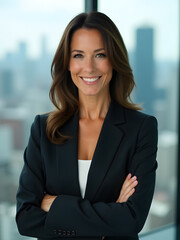 Confident Businesswoman in Modern Office with City Skyline View