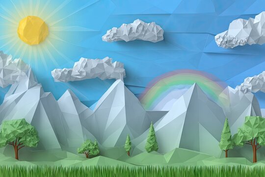 A polygonal landscape scene with mountains, trees, clouds, and a rainbow. - Powered by Adobe