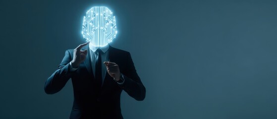 The futuristic businessman with a glowing digital head in a sleek environment.