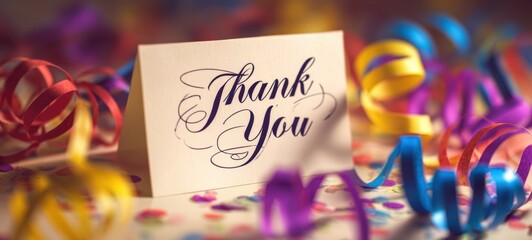 The Thank You Card Surrounded by Colorful Ribbons and Confetti.