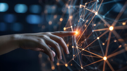 Close up of a human hand touching a glowing digital network of interconnected nodes and lines representing data and technology