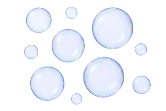 Collection of iridescent soap bubbles with delicate rainbow hues floating against a dark backdrop, symbolizing purity and lightness.