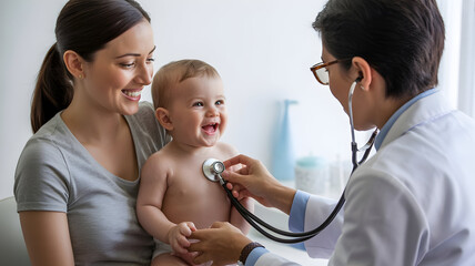 Smiling mother holds happy baby as doctor examines with stethoscope during a routine pediatric checkup in a bright clinic