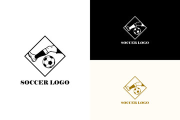 illustration of football and single angled leg inside box, vector logo for football tournament, soccer team badge, football club, professional football, football league, and more