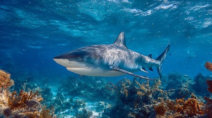 Fototapeta premium Tiger Shark Navigating Through a Vibrant Coral Reef Underwater