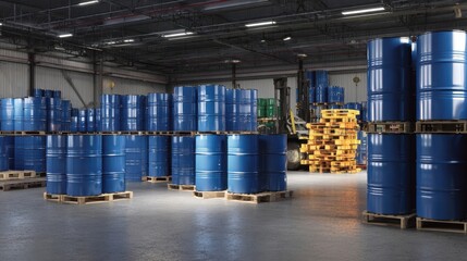 The large warehouse filled with blue barrels stacked on pallets.