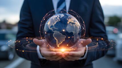 Businessman holding a glowing digital globe with interconnected network lines symbolizing global connectivity and technology in his hands