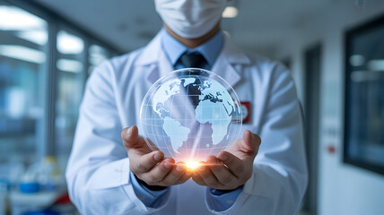 Doctor wearing a mask and lab coat holds a glowing holographic earth globe in their outstretched hands symbolizing global healthcare and scientific innovation
