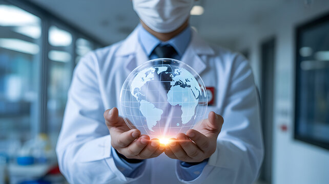 Doctor wearing a mask and lab coat holds a glowing holographic earth globe in their outstretched hands symbolizing global healthcare and scientific innovation