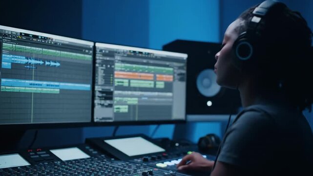 Woman Creating Music at Night in a Digital Audio Workstation Studio