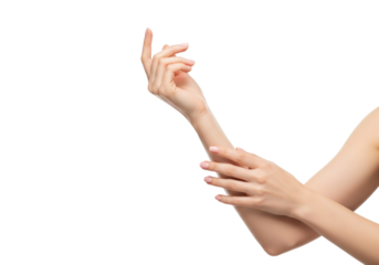 Young caucasian female arm, hand gracefully extended, gently curled fingers, natural light pink manicured nails, smooth pristine skin, isolated on clean transparent background with abundant copy