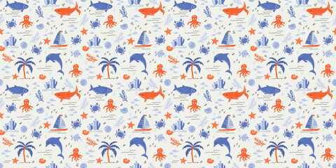 Seamless summer pattern with fish, sea waves, seashell, seaweed, crab, leaves, star Background bright, naive in minimalist style. for print, paper, business idea, banner, social media. art vector