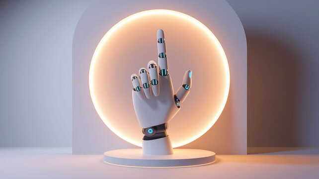 A detailed and realistic close-up shot of a white robotic hand with its index finger extended, pointing at something