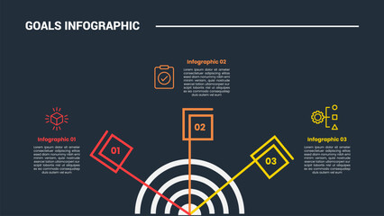Goals target infographic process diagram with half circle and flag style icon with dark background bright outline style and 3 points