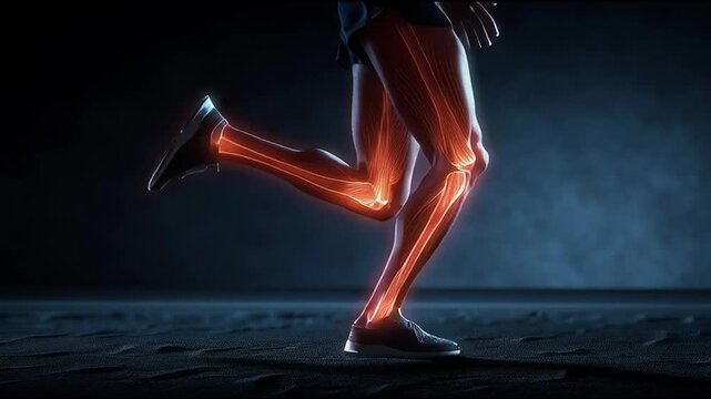 Athlete running with highlighted leg muscles and joints in motion on dark background