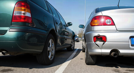 Fototapeta premium Damaged car with a broken taillight at a parking lot after a road accident. Vehicle recovery service concept.
