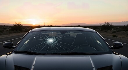 Obraz premium A damaged car windshield with a crack from a road accident on a desert road at sunset. Vehicle recovery and roadside assistance service concept.