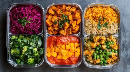A top-down view of a vegan meal prep with colorful plant-based ingredients.