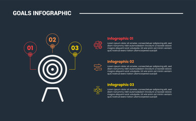 Goals target infographic process diagram with left icon and stacked list description on right column with dark background bright outline style and 3 points