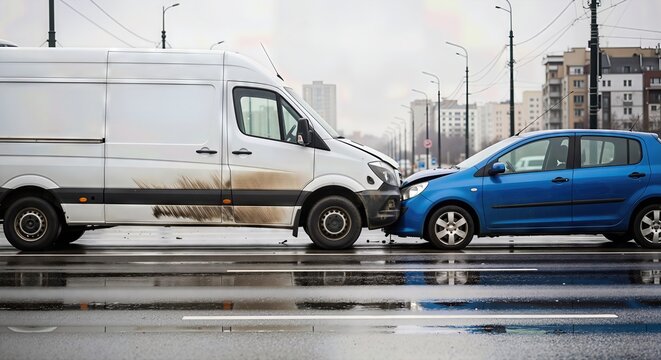 Damaged white van and blue car after a road collision on wet city street. Vehicle crash on urban road due to an emergency problem.