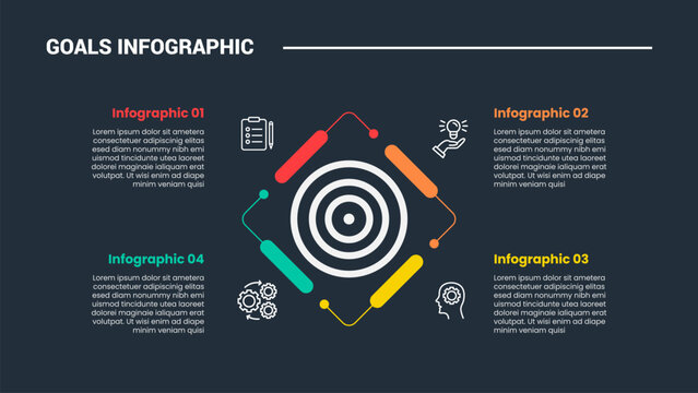 Goals target infographic process diagram with icon center and thick round line with skew circular direction with dark background bright outline style and 4 points