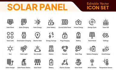 Solar panel color icon set with sun power photovoltaic (PV) home system and renewable electric energy technology glyph symbols: off the grid (OTG), inverter, charge controller, battery, meter.