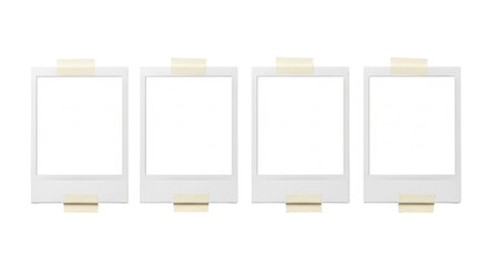 Four blank white instant photo frames with thick borders and beige masking tape, arranged horizontally and equidistant on a transparent background, concept of minimalist display and memory