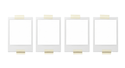 Four blank white instant photo frames with thick borders and beige masking tape, arranged horizontally and equidistant on a transparent background, concept of minimalist display and memory