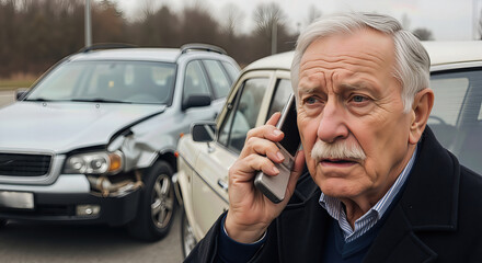 An elderly man talks on a phone after a car accident on the street. Roadside assistance and vehicle recovery concept.