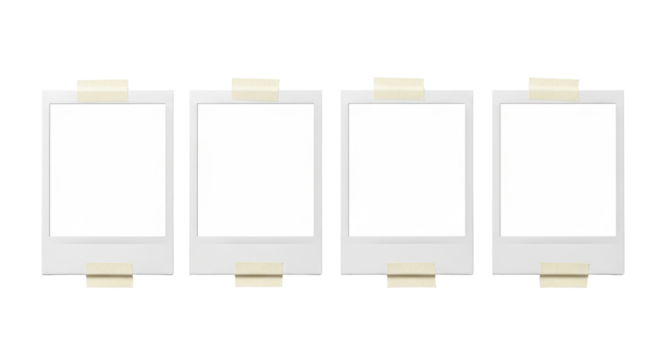 Four blank white instant photo frames with thick borders and beige masking tape, arranged horizontally and equidistant on a transparent background, concept of minimalist display and memory