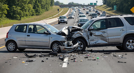 Two damaged cars after a road accident on a highway. Automobile collision aftermath and vehicle recovery service concept.