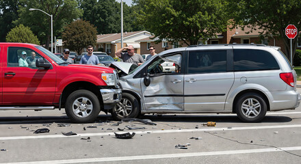 Two vehicles after a collision with a damaged minivan and pickup. Roadside assistance and vehicle recovery service concept.