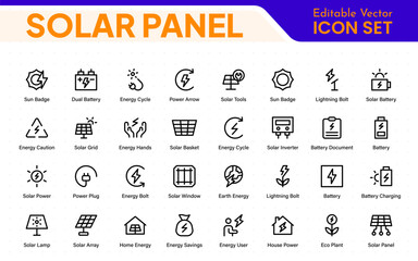 Solar panel color icon set with sun power photovoltaic (PV) home system and renewable electric energy technology glyph symbols: off the grid (OTG), inverter, charge controller, battery, meter.