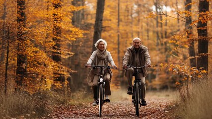 elderly senior couple rides bicycle on autumn forest path with fallen leaves. elderly man and senior woman smile, active lifestyle outdoors. bicycle wheels turn, elderly pair enjoys autumn forest ride