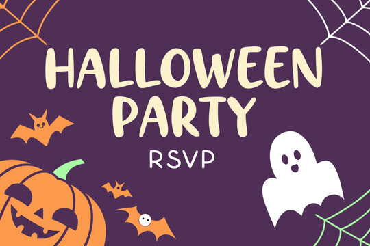 Halloween party invitation with pumpkin, bats, ghost, and spider webs on a purple background design layout