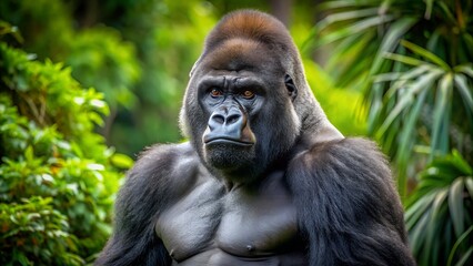 Fototapeta premium Powerful Silverback Gorilla Portrait: Majestic, Intense Gaze in Lush Tropical Forest
