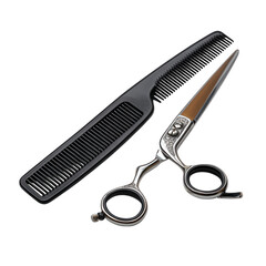 Professional silver hair cutting shears with ornate handle and black comb isolated on transparent background
