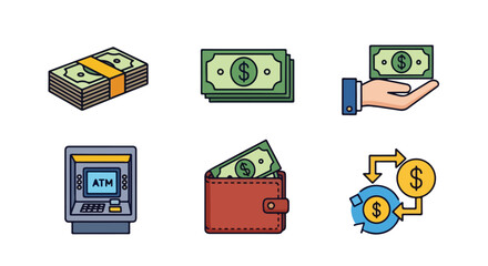 Financial icons set currency cash transactions atm and business elements
