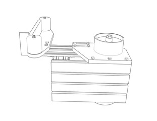 Monochrome Technical Drawing of Industrial Belt Grinder Sander and Abrasive Polisher. Detailed Wireframe Outline Illustration of Workshop Tool and Wheel Cutter for Precision Edge Sharpening, No Belt.