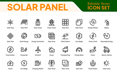 Solar panel color icon set with sun power photovoltaic (PV) home system and renewable electric energy technology glyph symbols: off the grid (OTG), inverter, charge controller, battery, meter.