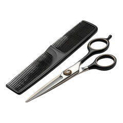Professional hair cutting shears and comb set for barbers and stylists isolated on transparent background