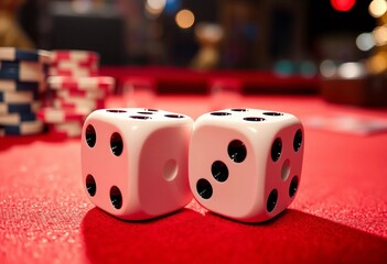 Close-up of two casino dice on a felt table, reflecting light,  game of chance,  five