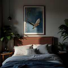 Modern Minimalist Bedroom with Earth Tone Decor and Wall Art