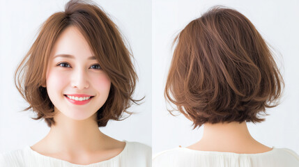 ショートボブの女性のヘアスタイルの正面と後ろ姿