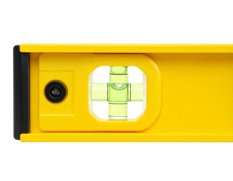 Yellow spirit level tool for alignment and measurement, isolated on transparent background PNG
