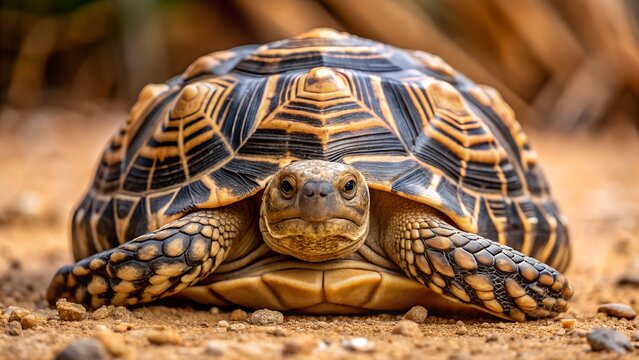 Close-up Portrait of a Radiated Tortoise,  Striking Shell Pattern,  Serious Expression,  Desert Habitat.
