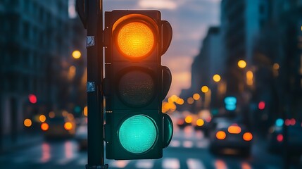Traffic light with yellow and green lights illuminated in a city at dusk