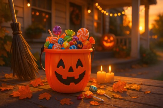 Halloween candies and lollipops overflowing from a jack o' lantern bucket on a porch at sunset